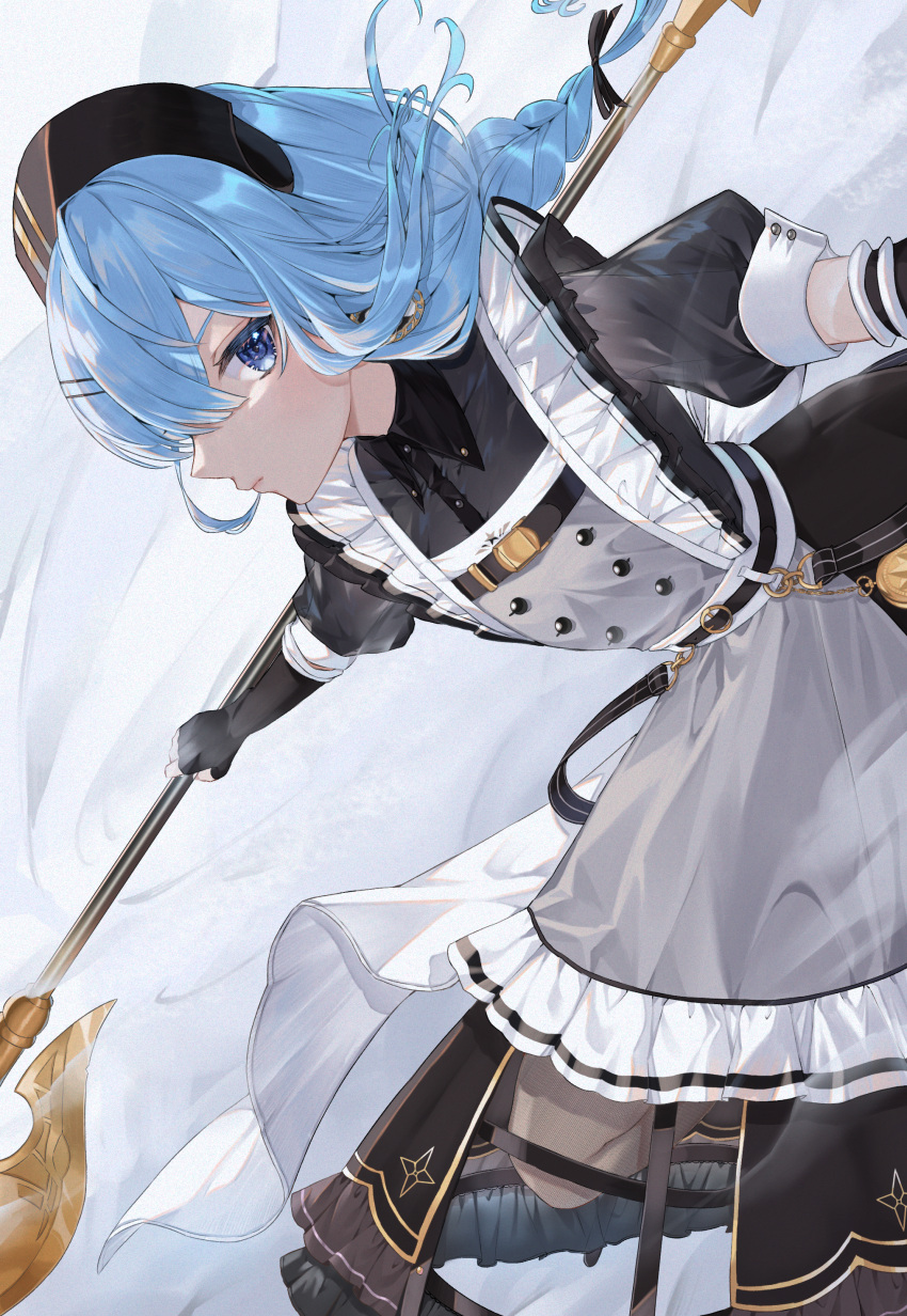 1girl absurdres apron black_dress black_gloves blue_eyes blue_hair braid buttons collared_dress crinoline double-breasted dress elbow_gloves fingerless_gloves flat_chest frilled_apron frills gloves grey_apron hat highres hololive hoshimachi_suisei long_hair maid nurse_cap official_alternate_costume puffy_short_sleeves puffy_sleeves runlan_0329 short_sleeves side_slit single_braid star_(symbol) star_in_eye symbol_in_eye virtual_youtuber