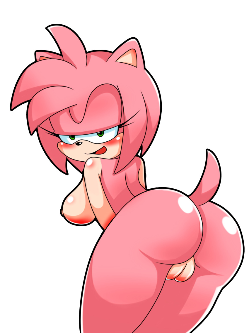 2022 3:4 absurd_res amy_rose anthro blush breasts butt eulipotyphlan female genitals green_eyes hedgehog hi_res innie_pussy looking_at_viewer looking_back mammal narrowed_eyes naughty_face nipples open_mouth open_smile pink_body pink_skin pussy redken_dex sega simple_background smile solo sonic_the_hedgehog_(series) white_background