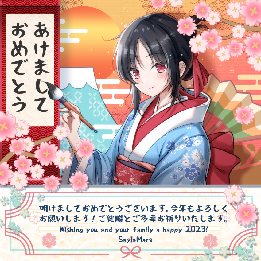 1girl absurdres asa_no_ha_(pattern) bangs black_hair blue_kimono blush calligraphy_brush closed_mouth egasumi floral_print folded_ponytail hair_ribbon happy_new_year highres holding holding_brush japanese_clothes kaguya-sama_wa_kokurasetai_~tensai-tachi_no_renai_zunousen~ kimono layered_clothes layered_kimono looking_at_viewer nengajou new_year obi obiage obijime paintbrush parted_bangs print_kimono red_eyes red_kimono red_ribbon ribbon sakuramon sash saylamars seigaiha shinomiya_kaguya shippou_(pattern) short_hair sidelocks smile solo upper_body wide_sleeves