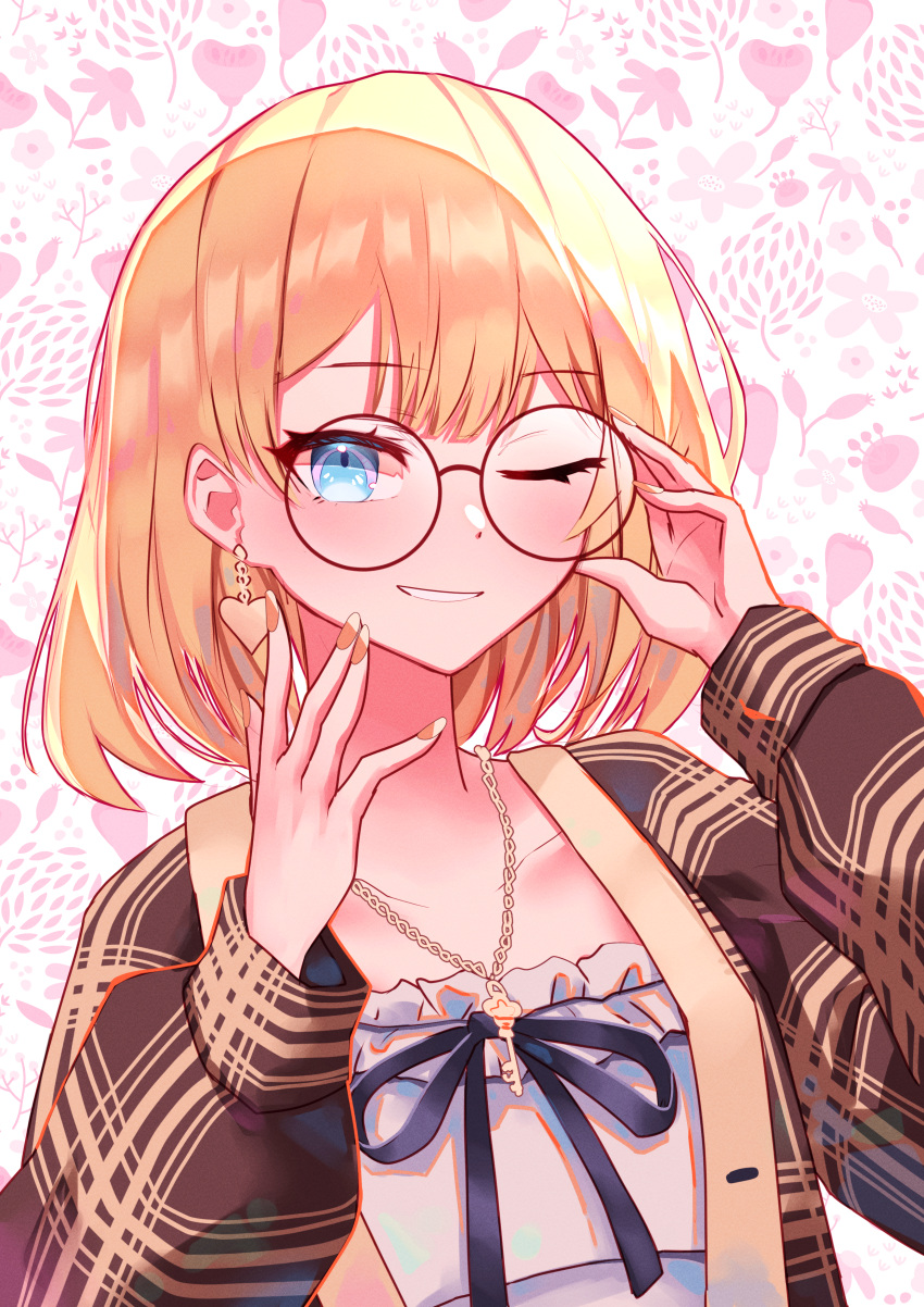 1girl absurdres blonde_hair blue_eyes bob_cut brown_coat coat earrings floral_background flower frills glasses hands_on_own_face heart heart_earrings highres holding holding_eyewear hololive hololive_english jewelry key key_necklace long_sleeves looking_at_viewer necklace one_eye_closed round_eyewear shirt short_hair single_earring smile solo teeth upper_body virtual_youtuber watson_amelia white_shirt yumesphere