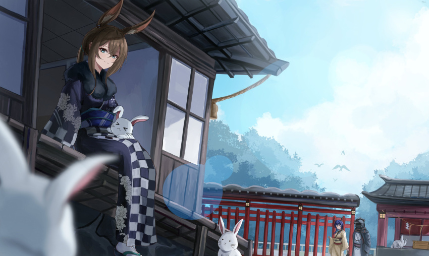 1boy 2girls absurdres amiya_(arknights) animal animal_ears architecture arknights black_kimono blue_sky ch'en_(arknights) cloud cloudy_sky day doctor_(arknights) ear_piercing east_asian_architecture fur_scarf highres japanese_clothes kimono lens_flare looking_at_viewer multiple_girls new_year obi piercing rabbit rabbit_ears sash shouji shrine sitting sky sliding_doors tree yato_(yama0x1) yellow_kimono