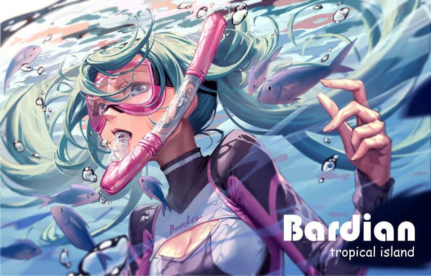 1girl blue_eyes blue_hair bodysuit breasts bubble cleavage cleavage_cutout clothing_cutout diving_mask diving_suit fish floating_hair goggles hatsune_miku highres instrument long_hair maple_(maplehy) medium_breasts solo tuba twintails underwater upper_body vocaloid wetsuit