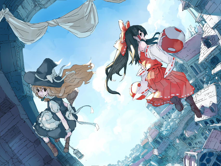 bad_id bad_pixiv_id ball blonde_hair broom broom_riding brown_eyes cityscape detached_sleeves flying hakurei_reimu hat highres kirisame_marisa kusanagi_kikoku long_hair multiple_girls oekaki ponytail touhou wallpaper witch_hat yin_yang