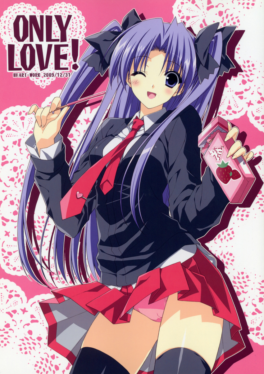 absurdres copyright_request food highres necktie pocky purple_hair school_uniform solo suzuhira_hiro thighhighs twintails