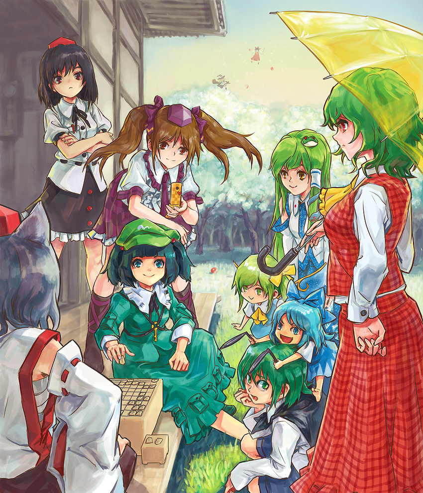 :&gt; :&lt; animal_ears antennae ascot black_hair blue_eyes blue_hair board_game bow brown_eyes brown_hair cape cellphone child cirno crossed_arms daiyousei danmaku detached_sleeves dress fairy_wings flying forest green_eyes green_hair hair_bobbles hair_bow hair_ornament hakurei_reimu hand_on_hip hat highres himekaidou_hatate inubashiri_momiji kawashiro_nitori kazami_yuuka key kirisame_marisa kochiya_sanae long_hair long_skirt momijigari multiple_girls nature necktie phone plaid plaid_skirt plaid_vest red_eyes sarashi shameimaru_aya short_hair shougi silver_hair sitting skirt skirt_set smile squatting thighhighs touhou transparent twintails two_side_up umbrella veranda vest wings wriggle_nightbug yellow_eyes yin_yang