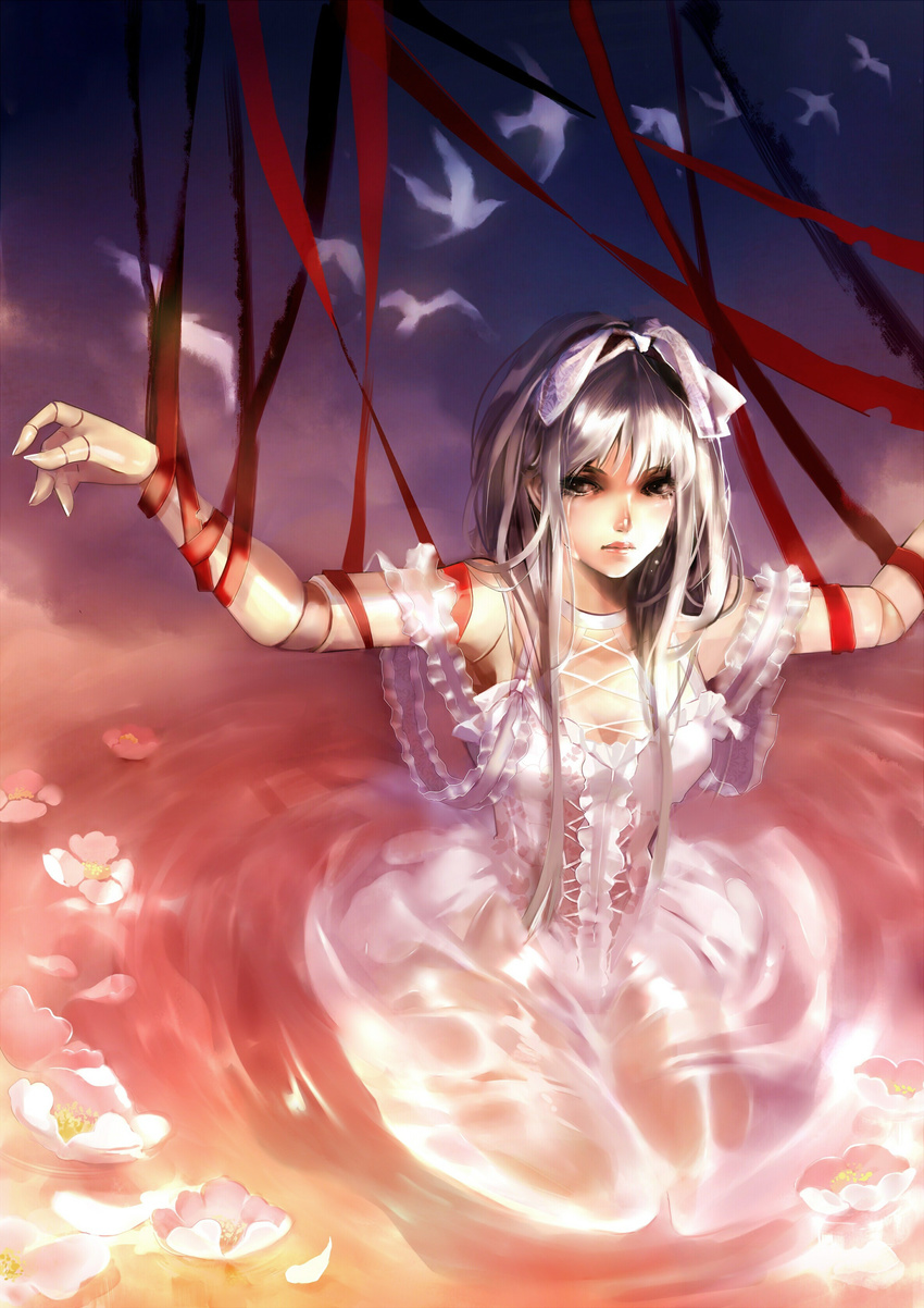 absurdres bare_shoulders bird bound doll_joints dress flower gothic highres kneeling liu_shuang_fei original outstretched_arms puppet silver_hair solo tears tied_up water white_dress