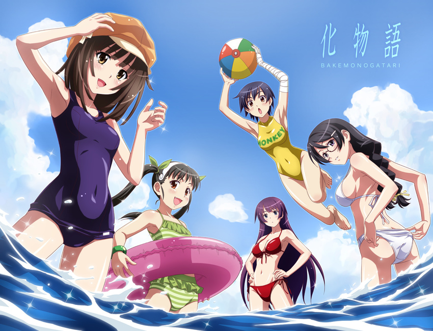 adjusting_clothes adjusting_swimsuit armpits arms_up bakemonogatari ball bandages barefoot beachball bikini black_hair blue_eyes blush bracelet brown_eyes brown_hair cloud covered_navel day fang front-tie_top glasses hachikuji_mayoi hair_ornament hair_ribbon hairclip hanekawa_tsubasa hat highres innertube jewelry jumping kanbaru_suruga legs long_hair looking_back monogatari_(series) multiple_girls nakajima_akihiko navel nekomonogatari one-piece_swimsuit open_mouth outdoors purple_hair ribbon school_swimsuit sengoku_nadeko senjougahara_hitagi short_hair side-tie_bikini skin_tight sky smile swimsuit twintails wading water