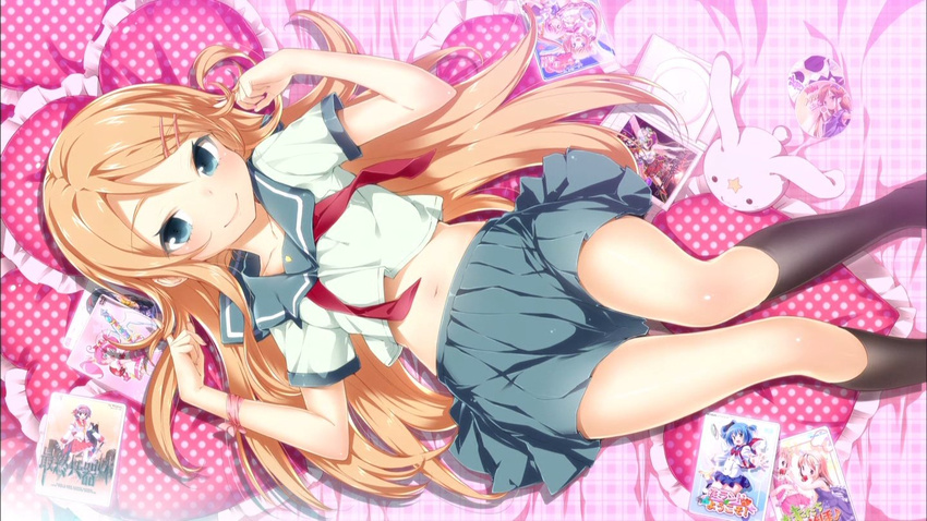 bed blue_eyes buriki hair_ornament hairclip heart jpeg_artifacts kousaka_kirino long_hair lying midriff navel orange_hair ore_no_imouto_ga_konna_ni_kawaii_wake_ga_nai school_uniform screencap serafuku skirt smile socks solo