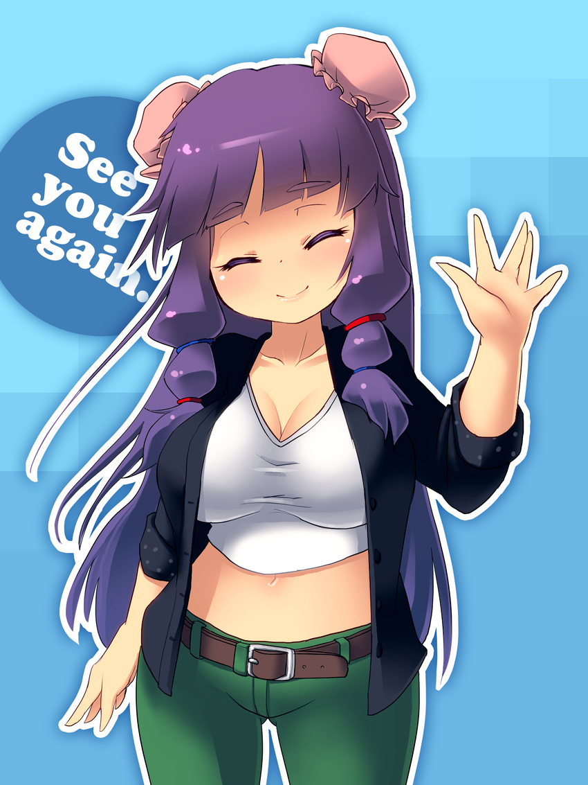 alternate_costume belt blueberry_(5959) breasts casual cleavage closed_eyes contemporary curvy double_bun highres large_breasts long_hair midriff navel patchouli_knowledge purple_hair smile solo touhou waving