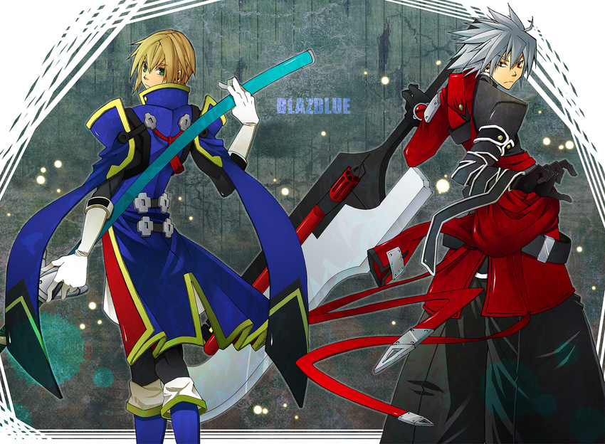 bad_id bad_pixiv_id black_pants blazblue blonde_hair blue_footwear boots copyright_name green_eyes heterochromia jin_kisaragi left-handed male_focus multiple_boys noran ootachi pants ragna_the_bloodedge silver_hair sword weapon yukianesa