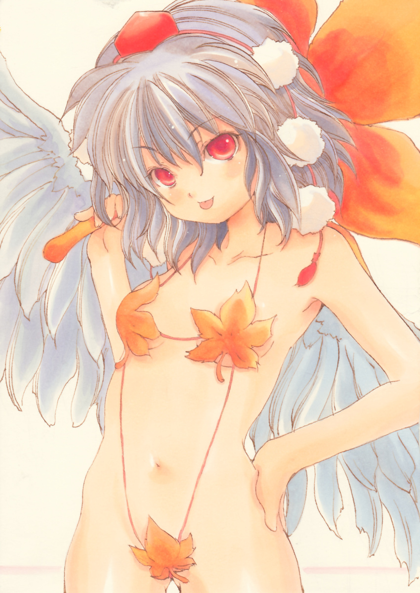 :p absurdres bikini fan grey_hair hat hauchiwa highres leaf leaf_bikini looking_at_viewer maple_leaf marker_(medium) navel nishina_masato red_eyes shameimaru_aya smile solo swimsuit tokin_hat tongue tongue_out touhou traditional_media wings