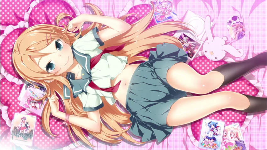 bed black_kneehighs black_legwear blue_eyes buriki cap female hair_ornament hairclip heart highres kneehighs kousaka_kirino legs long_hair lying midriff navel official_art on_back orange_hair ore_no_imouto_ga_konna_ni_kawaii_wake_ga_nai pillow school_uniform screencap serafuku skirt smile solo wallpaper