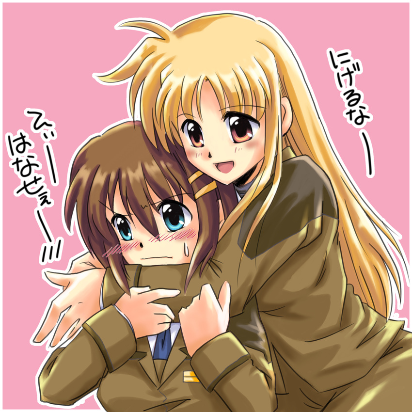 absurdres blonde_hair blue_eyes blush brown_hair fate_testarossa friends highres hug hug_from_behind long_hair lyrical_nanoha mahou_shoujo_lyrical_nanoha_strikers military military_uniform multiple_girls red_eyes san-pon short_hair translated tsab_ground_military_uniform uniform yagami_hayate