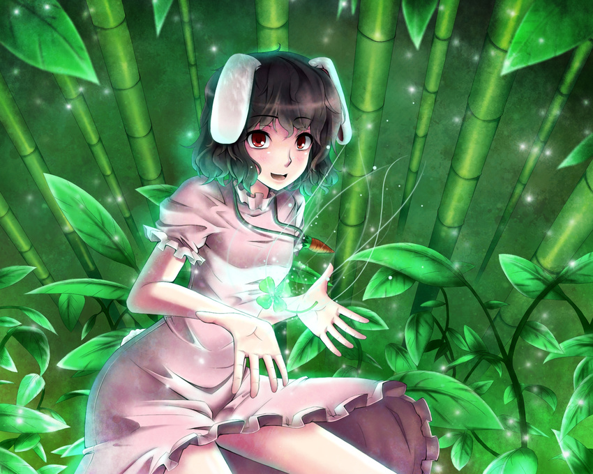 animal_ears bamboo bamboo_forest brown_hair bunny_ears clover forest four-leaf_clover gayprince green highres inaba_tewi magic nature open_hands outstretched_hand palms red_eyes short_hair solo tail touhou