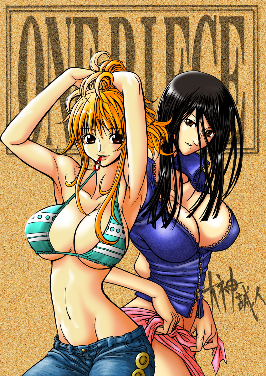 absurdres armpits arms_up bikini_top breasts cleavage copyright_name denim groin highres jeans large_breasts long_hair mouth_hold multiple_girls nami_(one_piece) nico_robin one_piece oogami_makoto_(artist) orange_hair pants pink_sarong sarong unzipped