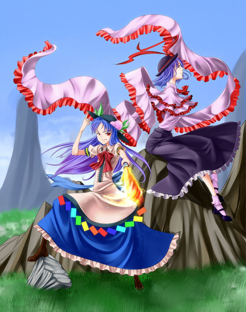 absurdres adjusting_clothes adjusting_hat blue_hair boots bow bowtie capelet food frills fruit gradient_hair grass hat hat_ribbon highres hinanawi_tenshi long_hair multicolored_hair multiple_girls nagae_iku peach pointing purple_hair red_eyes ribbon riputon_(lipton_sabou) rock scarf short_hair sitting skinny smile sword sword_of_hisou touhou weapon