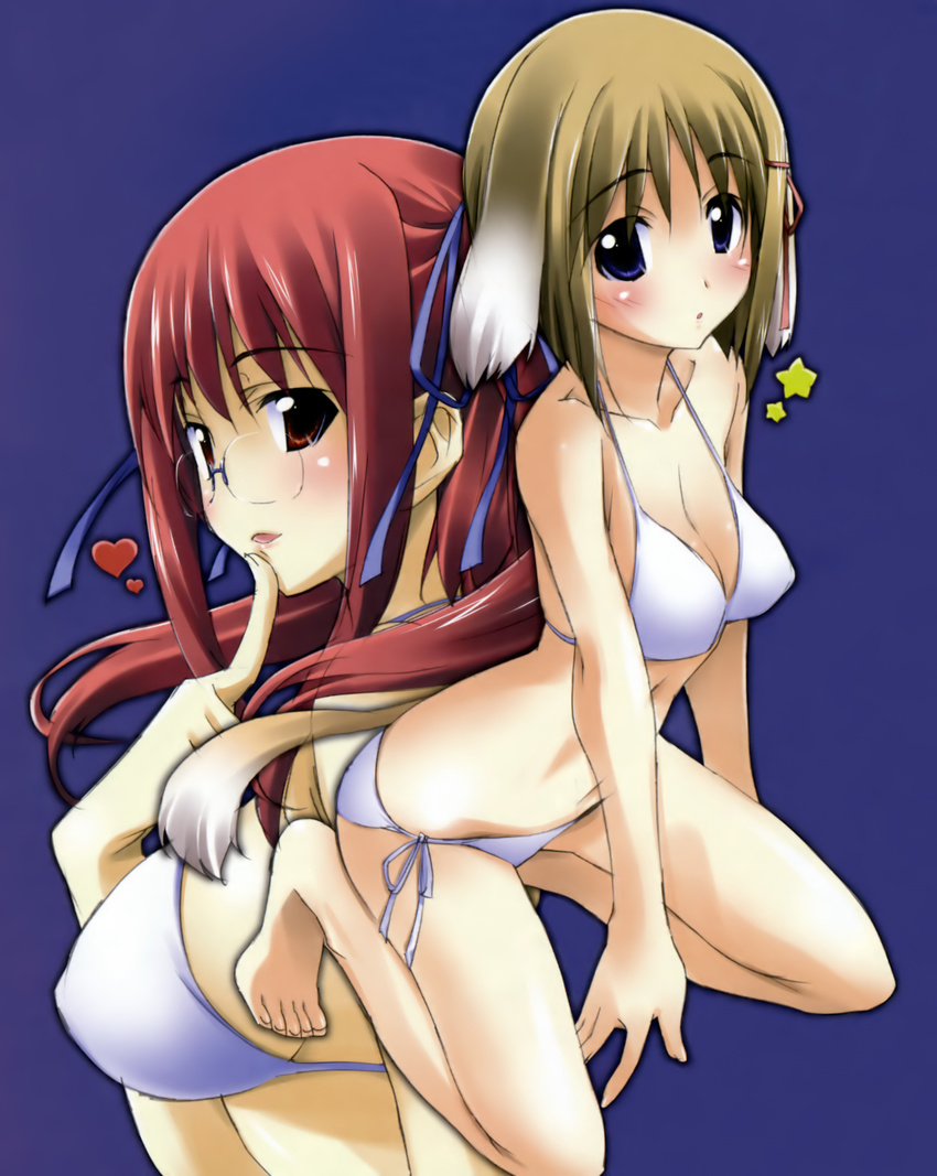 :d :o absurdres aikawa_tomoe animal_ears arched_back barefoot bikini blue_eyes blush bob_cut breasts brown_hair cleavage covered_nipples dog_ears dog_tail embarrassed feet finger_to_mouth glasses hair_ribbon hands haruna_elendil heart highres kneeling kurashima_tomoyasu large_breasts long_hair memoria multicolored_hair multiple_girls naughty_face open_mouth red_eyes red_hair ribbon short_hair side-tie_bikini sideboob simple_background smile star string_bikini swimsuit tail twintails two-tone_hair white_bikini white_hair