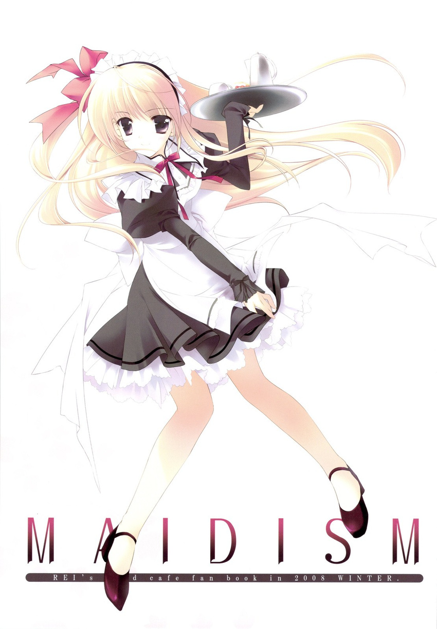 blonde_hair bow brown_eyes copyright_request cup hair_bow highres long_hair maid maid_headdress rei_(rei's_room) solo tea_set teacup teapot tray waitress