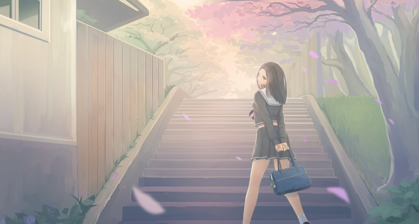 1girl bag black_eyes black_hair black_serafuku building cherry_blossoms day highres holding kikivi long_hair looking_at_viewer looking_back original outdoors petals pleated_skirt school_uniform serafuku skirt smile socks solo stairs tree walking white_legwear