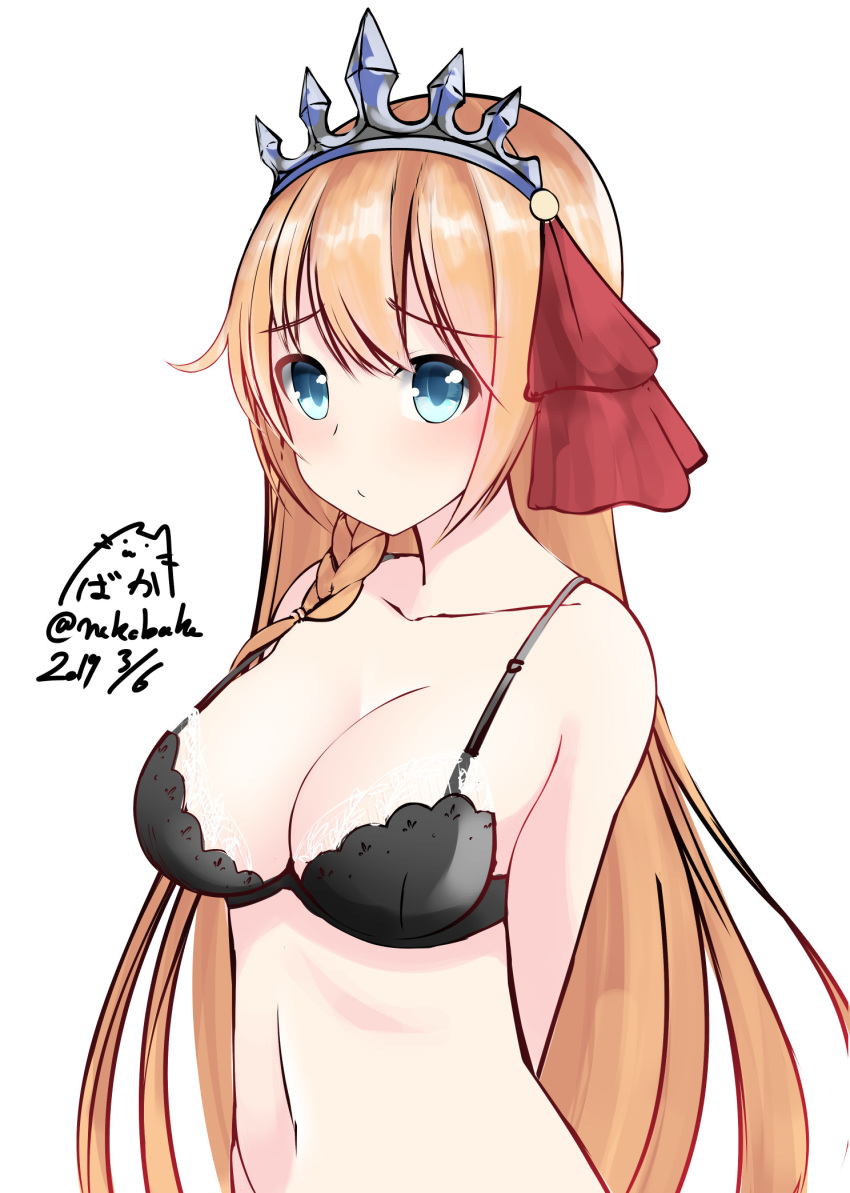 1girl ahoge arms_behind_back bangs bare_shoulders black_bra blue_eyes bra breasts brown_hair cleavage collarbone commentary_request dated eyebrows_visible_through_hair hair_between_eyes hair_ribbon highres long_hair looking_at_viewer medium_breasts navel nekobaka pecorine princess_connect!_re:dive red_ribbon ribbon signature simple_background solo tiara twitter_username underwear underwear_only upper_body very_long_hair white_background