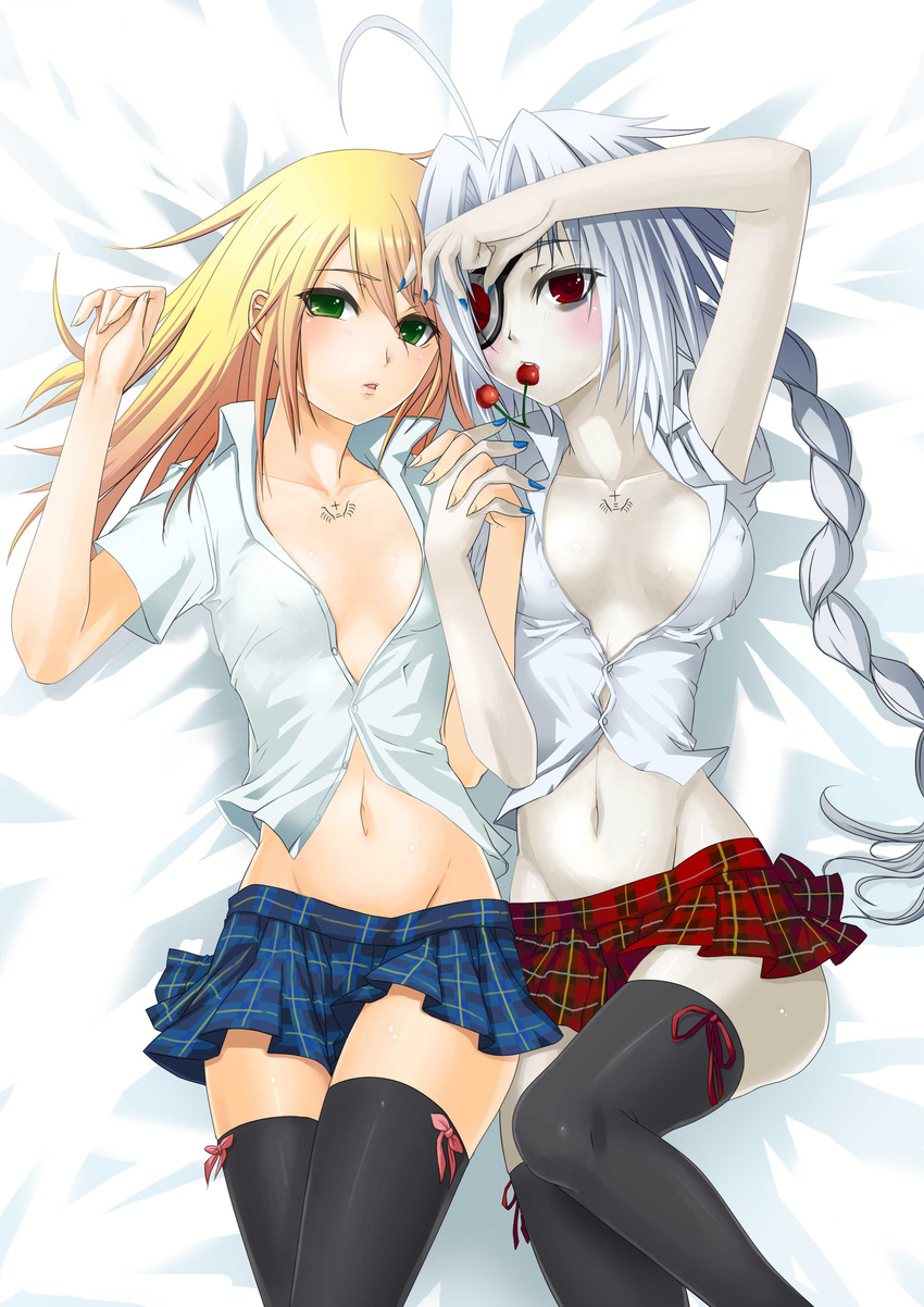 2girls absurdres arc_system_works black_legwear black_thighhighs blazblue blonde_hair blush braid breasts cherry eyepatch food fruit green_eyes hand_holding highres holding_hands long_hair lying mound_of_venus multiple_girls navel noel_vermillion nu-13 official_art on_back open_clothes open_shirt pale_skin red_eyes ribbon scan scan_artifacts school_uniform shirt skirt tattoo thighhighs white_hair zettai_ryouiki