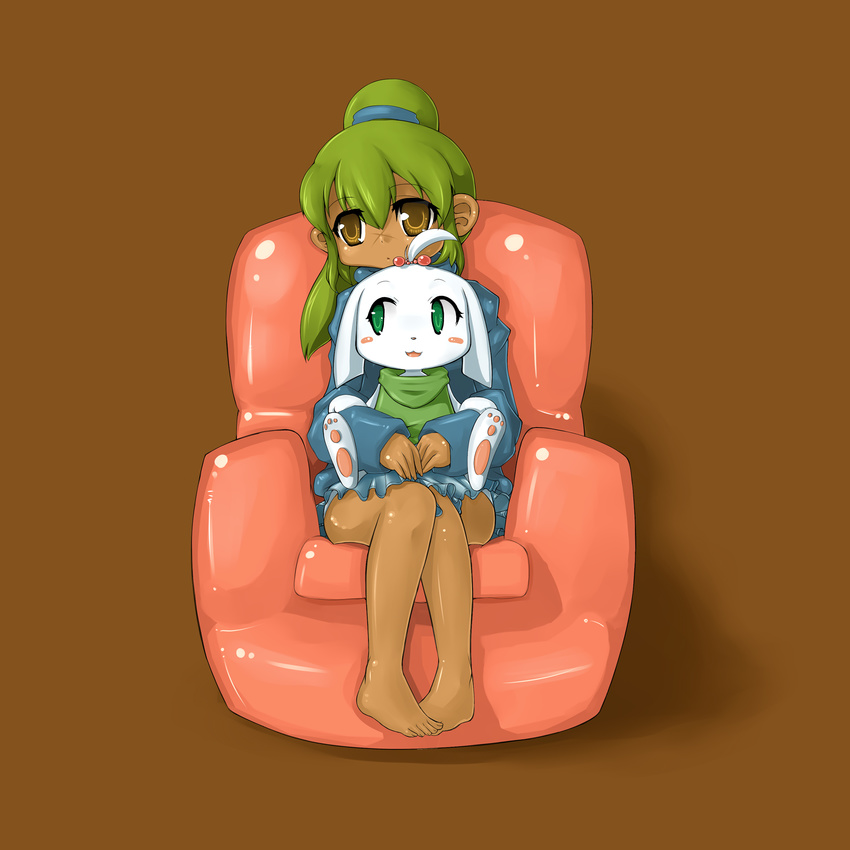 :&lt; :3 bare_feet bare_legs barefoot brown_eyes cave_story chie cute dark_skin doukutsu_monogatari feet green_eyes green_hair highres mimiga ponytail sakamoto_sue scar simple_background sitting sitting_on_lap sitting_on_person spoiler spoilers