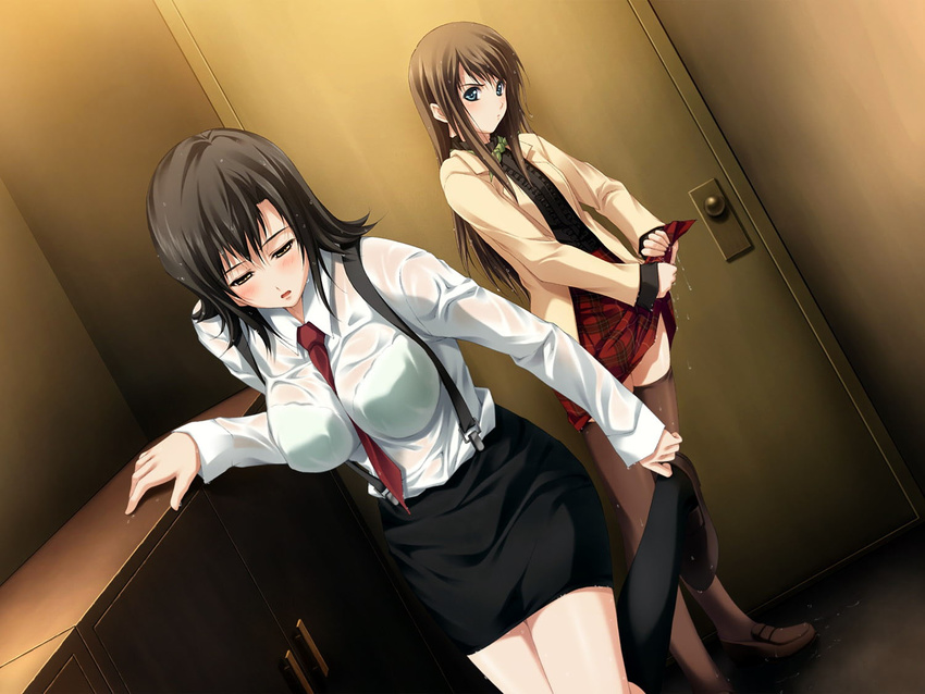 2girls breasts game_cg indoors multiple_girls pianissimo_(game) see-through skirt