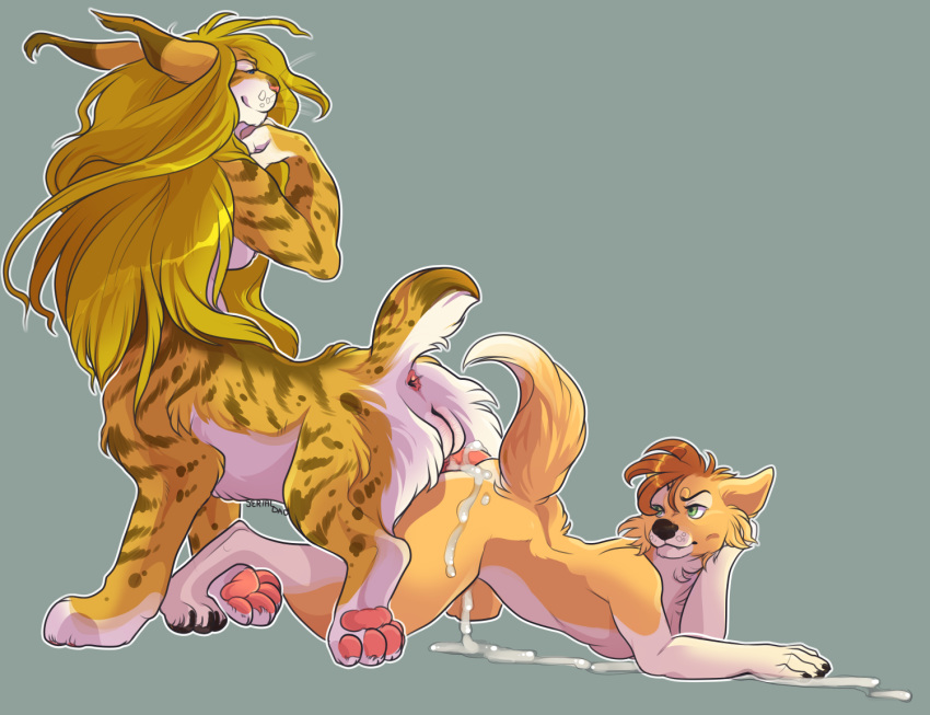 anthro anthro_on_taur anus black_nose blonde_hair brown_hair cum duo felid feline fur green_eyes hair herm intersex knotting lynx mammal nude pawpads pink_nose serialdad sex shorttail simple_background smile tan_fur taur