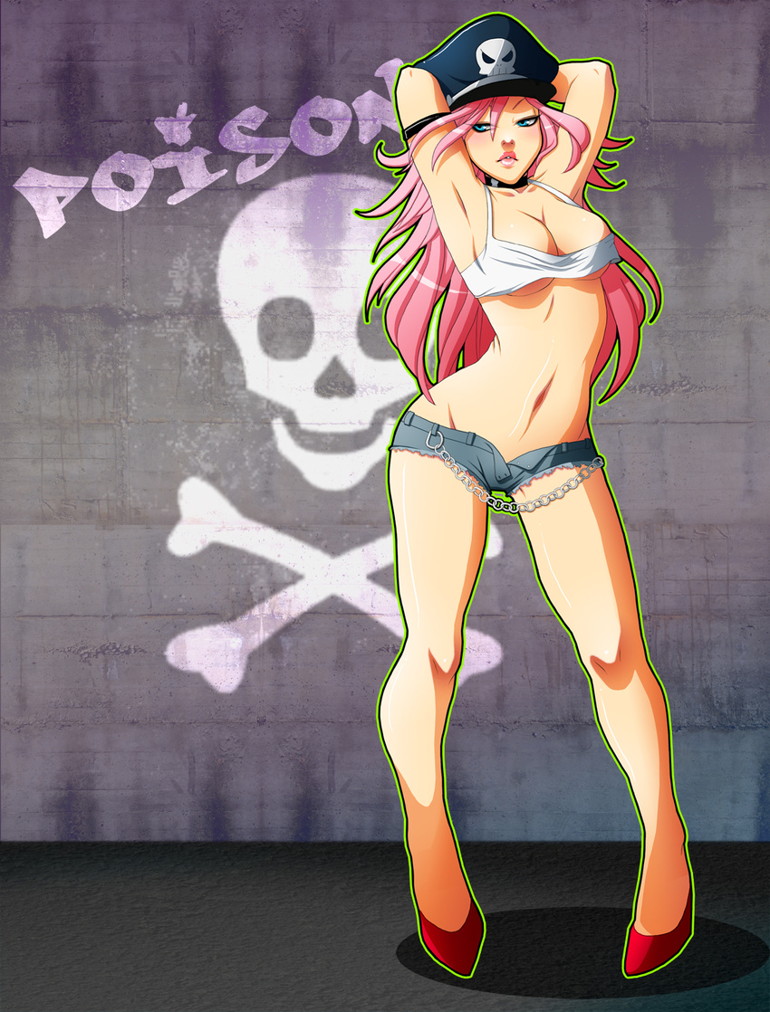 armband armpits arms_behind_head arms_up blue_eyes breasts character_name cleavage collar contrapposto crop_top denim denim_shorts final_fight full_body hat high_heels highres lips lipstick long_hair makeup midriff navel no_bra open_fly peaked_cap pink_hair poison_(final_fight) puckered_lips red_footwear setsuna22 shoes short_shorts shorts skull solo standing tank_top underboob unzipped