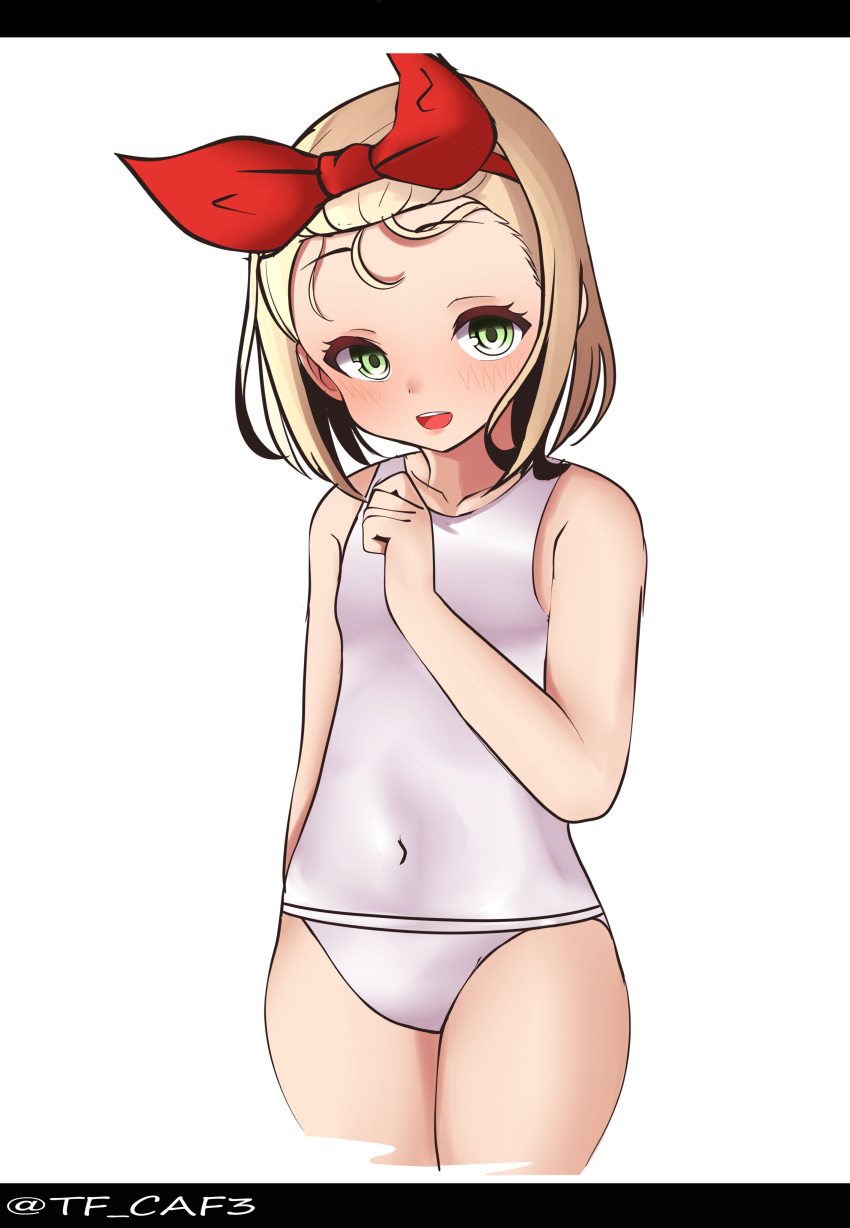 1girl absurdres blonde_hair commentary_request covered_navel cowboy_shot cropped_legs flat_chest green_eyes hair_ribbon hairband highres i-504_(kancolle) kantai_collection luigi_torelli_(kancolle) one-hour_drawing_challenge one-piece_swimsuit red_ribbon ribbon school_swimsuit short_hair simple_background solo swimsuit tf_cafe white_background white_one-piece_swimsuit