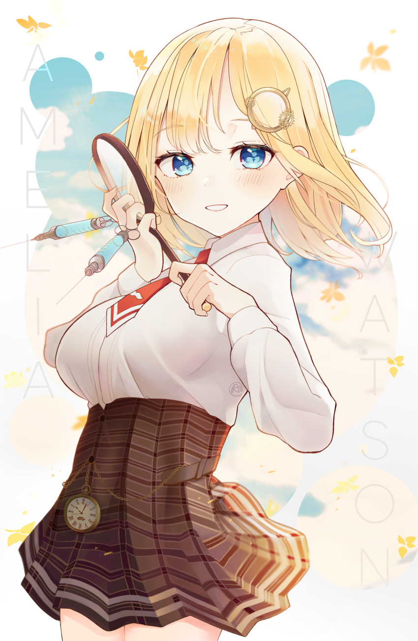 1girl absurdres aftergardens blonde_hair blue_eyes bob_cut breasts brown_skirt cloud cloudy_sky collared_shirt commentary english_commentary english_text hair_ornament high-waist_skirt highres holding holding_magnifying_glass holding_syringe hololive hololive_english light_blush looking_at_viewer magnifying_glass monocle_hair_ornament necktie plaid plaid_skirt pocket_watch red_necktie shirt short_hair short_necktie skirt sky smile solo standing syringe virtual_youtuber watch watson_amelia white_shirt