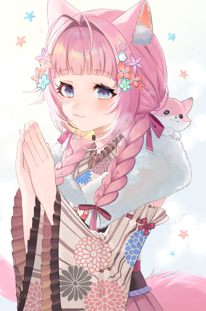 1girl :3 animal animal_ear_fluff animal_ears antenna_hair bangs blue_background blue_eyes blue_flower braid closed_mouth commentary_request detached_sleeves floral_background flower frilled_sleeves frills fur_collar gradient gradient_background grey_kimono hair_flower hair_intakes hair_ornament hair_over_shoulder hakui_koyori highres hololive japanese_clothes kimono komoe_(hinagatu) long_hair long_sleeves low_twintails nail_polish obi palms_together pink_flower pink_hair pink_nails purple_flower red_flower sash solo striped striped_kimono striped_sleeves tail twin_braids twintails vertical-striped_kimono vertical_stripes virtual_youtuber white_background wide_sleeves