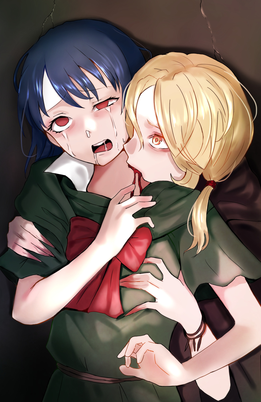 2girls absurdres biting blonde_hair blood blood_sucking blue_hair bow bowtie carrie_fernandez castlevania castlevania:_legacy_of_darkness castlevania:_the_arcade commentary_request crying crying_with_eyes_open disorder! drooling grabbing grabbing_from_behind highres little_witch_(castlevania) multiple_girls neck_biting no_pupils open_mouth orange_hair red_bow red_bowtie red_eyes tears upper_body vampire yuri