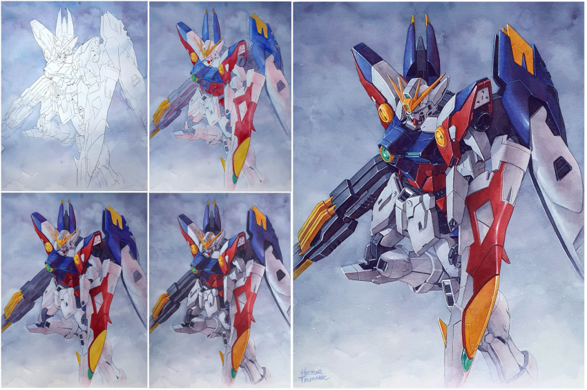 artist_name english_commentary gun gundam gundam_wing hector_trunnec highres holding holding_gun holding_shield holding_weapon looking_down making-of mecha mobile_suit no_humans painting_(medium) robot science_fiction shield traditional_media v-fin watercolor_(medium) weapon wing_gundam_zero