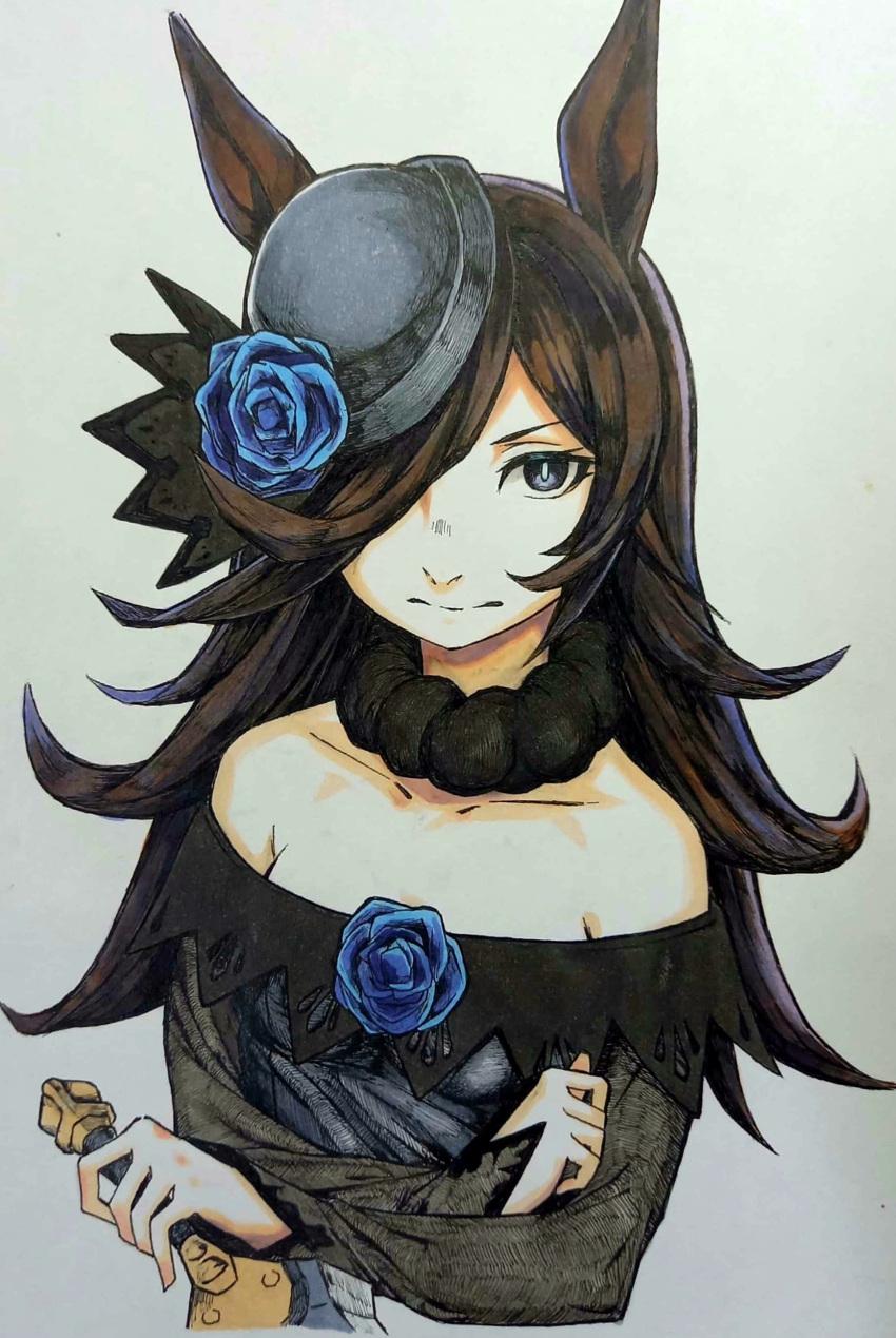 1girl absurdres animal_ears bare_shoulders blue_flower blue_rose breasts brown_hair closed_mouth colored_pencil_(medium) cropped_torso dress flower fur_choker hair_over_one_eye hat highres horse_ears long_hair long_sleeves looking_at_viewer off-shoulder_dress off_shoulder rice_shower_(umamusume) rose small_breasts solo traditional_media umamusume upper_body utsuke_(u_tuk_e)