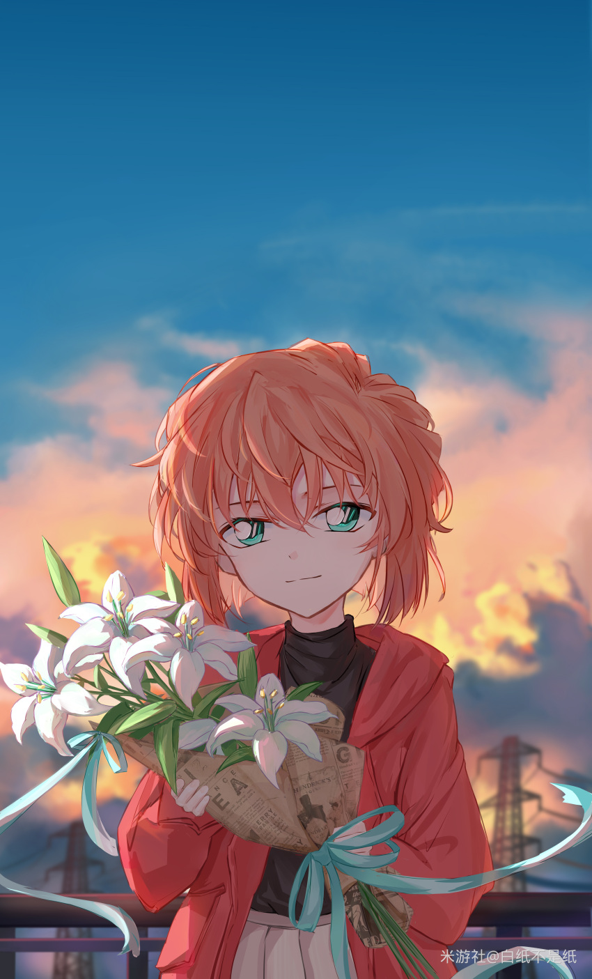 1girl absurdres bangs black_sweater blue_sky bouquet closed_mouth cloud cloudy_sky flower green_eyes haibara_ai highres holding holding_bouquet jacket long_sleeves looking_at_viewer meitantei_conan outdoors red_jacket short_hair skirt sky smile solo sweater turtleneck turtleneck_sweater upper_body white_flower white_paper_is_not_paper white_skirt