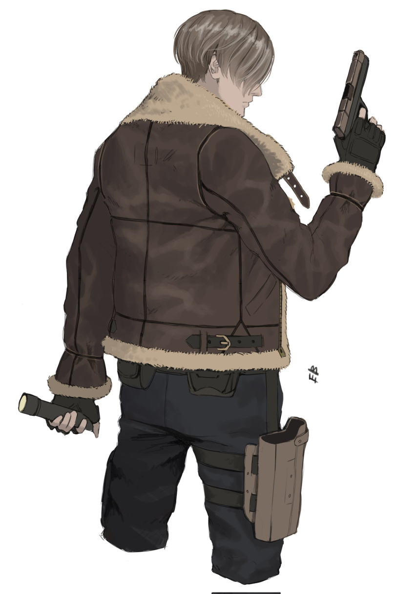 1boy black_gloves blonde_hair brown_jacket cowboy_shot cropped_legs ericson_blum facing_away fingerless_gloves flashlight gloves gun handgun highres holding holding_flashlight holding_gun holding_weapon holster jacket leon_s._kennedy long_sleeves looking_to_the_side male_focus resident_evil resident_evil_4 resident_evil_4_(remake) short_hair signature solo thigh_holster weapon white_background