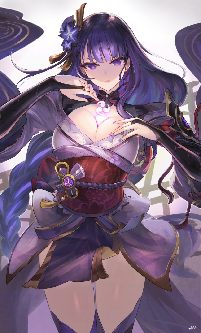 1girl absurdres bangs braid braided_ponytail breasts bridal_gauntlets cleavage genshin_impact hair_ornament highres japanese_clothes jazztaki kimono large_breasts long_hair long_sleeves looking_at_viewer mitsudomoe_(shape) mole mole_under_eye obi off_shoulder parted_lips purple_eyes purple_hair purple_kimono purple_thighhighs raiden_shogun sash shrug_(clothing) solo thighhighs thighs tomoe_(symbol) very_long_hair white_background wide_sleeves