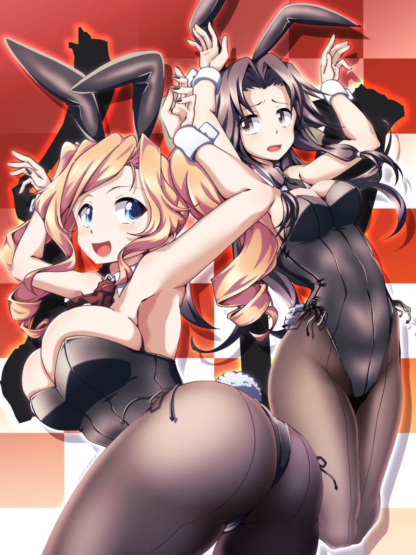2girls 547th_sy animal_ears ass black_leotard black_pantyhose blonde_hair blue_eyes bow bowtie breasts brown_eyes brown_hair detached_collar drill_hair fake_animal_ears fake_tail fishnet_pantyhose fishnets forehead_protector hair_intakes half_updo highleg highleg_leotard highres honolulu_(kancolle) jintsuu_(kancolle) kantai_collection large_breasts leotard long_hair medium_breasts multiple_girls open_mouth pantyhose playboy_bunny rabbit_ears rabbit_tail red_background strapless strapless_leotard tail traditional_bowtie twin_drills twintails wrist_cuffs