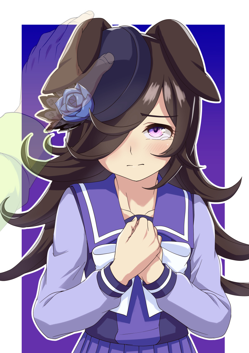 1girl absurdres black_hair blue_flower blue_headwear blue_rose bow cheesecake_(artist) closed_mouth commentary_request faded_limb flower frown hair_over_one_eye half-closed_eyes hands_on_own_chest hat hat_flower highres horse_girl long_hair long_sleeves outline outside_border partial_commentary purple_eyes purple_sailor_collar purple_shirt rice_shower_(umamusume) rose sad sailor_collar school_uniform shirt solo standing tearing_up tilted_headwear tracen_school_uniform trainer_(umamusume) umamusume white_bow white_outline