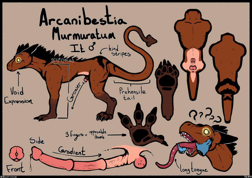 absurd_res confusion english_text feral genitals hi_res hindpaw holding_tongue long_penis male mawplay mouth_shot open_mouth pawpads paws penis qwaxi~lixard reference_image text tongue tongue_out unusual_anatomy unusual_genitalia unusual_penis