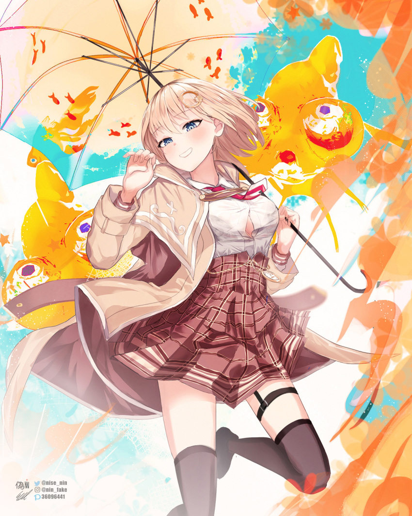 1girl black_footwear black_thighhighs blonde_hair blue_eyes bob_cut bra_visible_through_clothes breasts brown_capelet brown_coat brown_skirt capelet cloud cloudy_sky coat collared_shirt english_commentary fish floral_background goldfish grin hair_ornament high-waist_skirt highres holding holding_umbrella hololive hololive_english large_breasts looking_down monocle_hair_ornament necktie nin_fake open_clothes open_shirt partially_unbuttoned plaid plaid_skirt pocket_watch red_necktie see-through shirt short_hair short_necktie skirt sky smile solo standing standing_on_one_leg teeth thigh_strap thighhighs thighs umbrella virtual_youtuber watch watson_amelia wet wet_clothes wet_shirt white_shirt