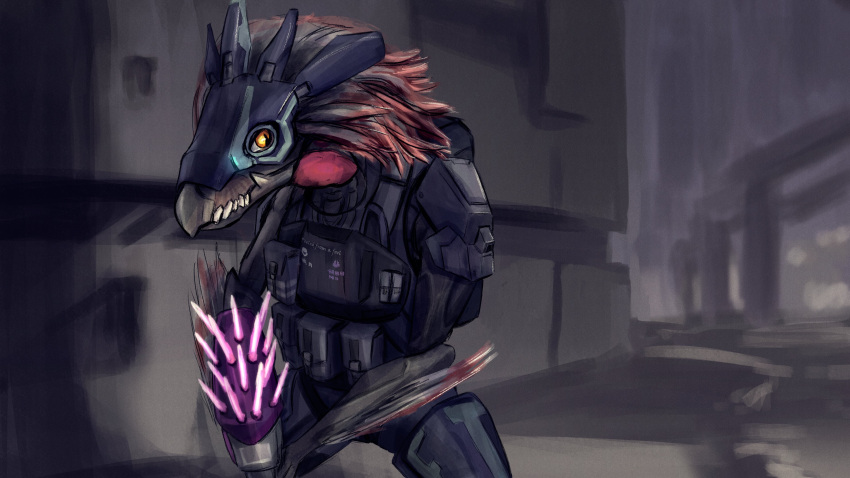 absurd_res akilae06 alien alien_humanoid anthro arm_tuft armor avian beak body_armor bulletproof_vest clothed clothing colored english_text fangs feather_hair feather_tuft feathered_crest feathers fully_clothed grey_body grey_skin gun halo_(series) head_crest headgear helmet hi_res holding_gun holding_object holding_weapon humanoid kig-yar looking_away male microsoft needler outside pseudo_hair pupils ranged_weapon scalie shaded slit_pupils solo spread_legs spreading standing t'vaoan tally_marks teeth text tuft weapon xbox_game_studios yellow_eyes