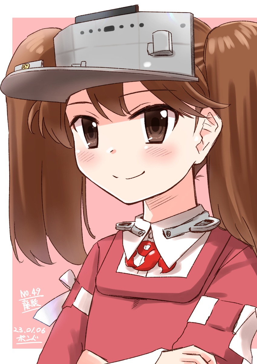 1girl absurdres bnd_(bond0071108) brown_eyes brown_hair collared_shirt commentary_request crossed_arms dress_shirt highres japanese_clothes kantai_collection kariginu long_hair looking_at_viewer magatama one-hour_drawing_challenge ryuujou_(kancolle) shirt solo twintails upper_body visor_cap white_shirt