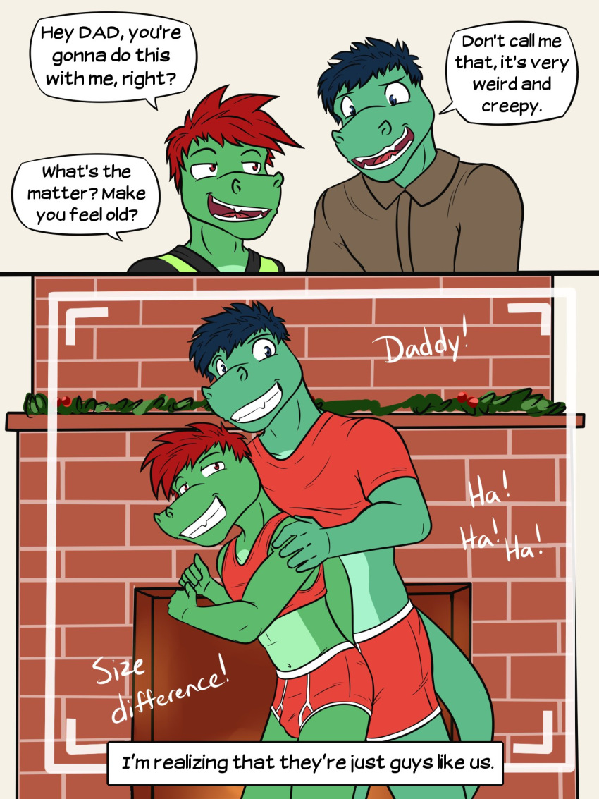 alligator alligatorid anthro austin_abel boxer_briefs briefs brother brothers bulge camera_view christmas_decorations clothed clothing comic crocodilian crop_top dialogue diego_abel duo english_text fireplace fully_clothed fuze hi_res male midriff navel pantsless red_boxer_briefs red_briefs red_clothing red_underwear reptile scalie shirt sibling t-shirt tank_top texnatsu text topwear underwear white_seam_boxer_briefs white_seam_briefs