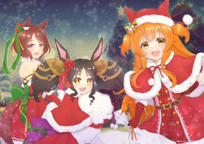 3girls animal_ears back_bow backless_dress backless_outfit bangs black_gloves black_hair blurry bokeh bow brown_hair capelet christmas christmas_lights christmas_tree commentary cross-shaped_pupils depth_of_field dress ear_ribbon elbow_gloves fang fingerless_gloves flower fuminshou fur-trimmed_capelet fur-trimmed_dress fur-trimmed_gloves fur_trim gloves green_bow hair_flower hair_ornament hairclip halter_dress halterneck hat hat_belt hat_bow highres holding holding_sack horse_ears horse_girl horse_tail illuminate_the_heart_(umamusume) layered_gloves light_particles long_hair marvelous_sunday_(umamusume) mayano_top_gun_(formation:_party)_(umamusume) mayano_top_gun_(umamusume) medium_dress medium_hair miracles_of_the_holy_night_(umamusume) multiple_girls night night_sky official_alternate_costume orange_eyes orange_hair outdoors plaid plaid_dress purple_eyes red_dress red_gloves sack sakura_laurel_(don't_stop_from_here!)_(umamusume) sakura_laurel_(umamusume) santa_costume santa_dress santa_gloves santa_hat short_dress short_hair skin_fang sky snowing star_(sky) star_ornament starry_sky swept_bangs symbol-shaped_pupils tail twintails twitter_username two_side_up umamusume yellow_eyes