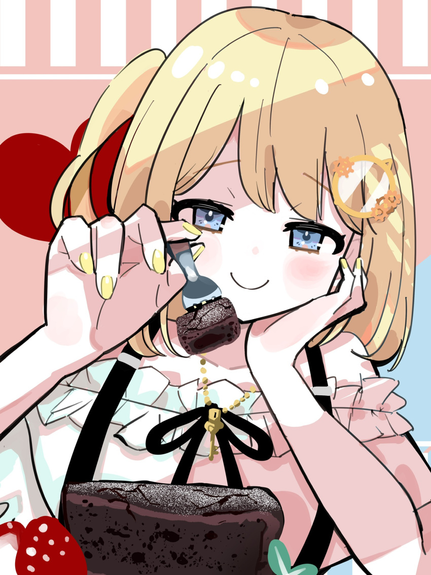 1girl black_ribbon blonde_hair blue_eyes bob_cut cake cake_slice chocolate_cake commentary food fork frills fruit hair_ornament heart highres holding holding_fork hololive hololive_english incoming_food jewelry key_necklace light_blush monocle_hair_ornament multicolored_background nail_polish necklace pov ribbon shirt short_hair smile solo strawberry tsukitoinu valentine watson_amelia white_shirt yellow_nails