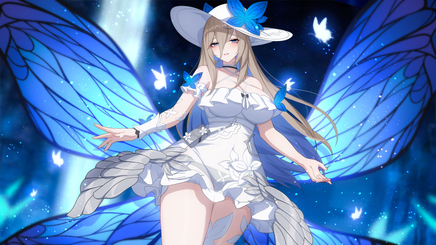 1girl absurdres aponia_(honkai_impact) arm_garter bangs bare_shoulders blue_wings blurry blurry_foreground blush breasts brown_hair bug butterfly butterfly_hat_ornament butterfly_wings choker cleavage collarbone commentary criss-cross_halter dress english_commentary eyelashes floating_hair flower frilled_dress frills glowing glowing_butterfly hair_between_eyes halter_dress halterneck hat hat_ornament highres honkai_(series) honkai_impact_3rd large_breasts long_bangs long_hair looking_at_viewer mole mole_under_eye official_alternate_costume parted_lips pouch purple_eyes second-party_source sidelocks solo sun_hat sundress thighs white_dress white_flower white_headwear wings wu_ganlan_cai