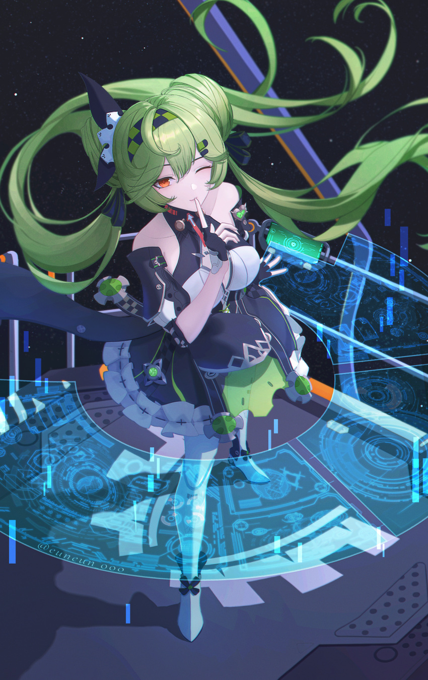 1girl absurdres ai-chan_(chrono_navi)_(honkai_impact) ai-chan_(honkai_impact) bangs black_dress black_gloves black_ribbon boots breasts checkered_hairband cleavage cleavage_cutout closed_mouth clothing_cutout commentary detached_sleeves double_bun dress eun_(eunice) eyelashes finger_to_mouth fingerless_gloves floating_hair frilled_dress frills from_above full_body gem gloves green_gemstone green_hair hair_between_eyes hair_bun hair_ornament hair_ribbon hairband hairclip hand_up heart highres holographic_interface honkai_(series) honkai_impact_3rd index_finger_raised long_hair looking_at_viewer looking_up medium_breasts one_eye_closed red_eyes ribbon short_sleeves shushing sidelocks sleeveless sleeveless_dress smile solo standing thigh_boots twintails very_long_hair white_footwear