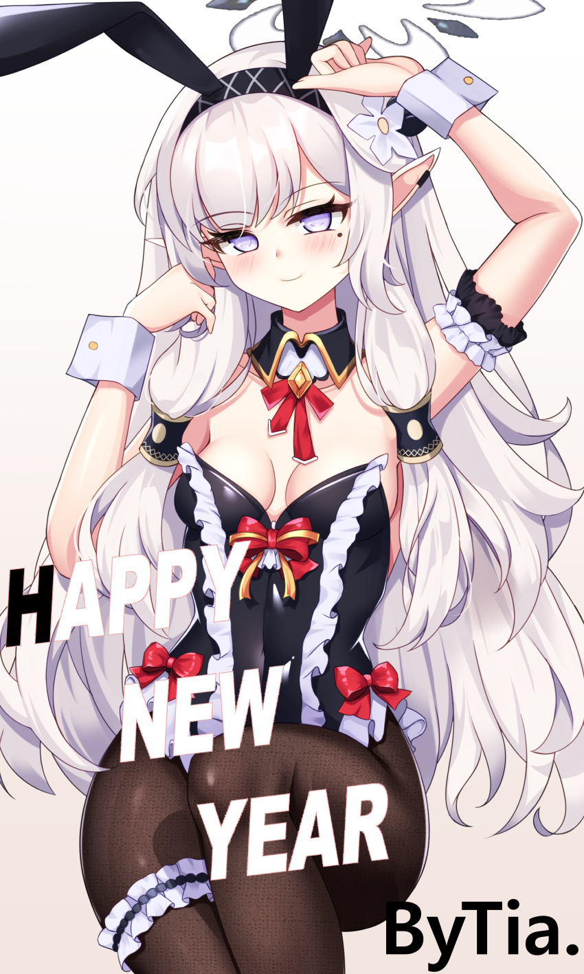 1girl absurdres animal_ears arm_garter arm_up bare_shoulders black_hairband black_leotard blue_archive breasts bridal_garter brown_pantyhose closed_mouth covered_navel detached_collar fake_animal_ears frilled_leotard frills hairband halo hand_up happy_new_year highres himari_(blue_archive) leotard long_hair looking_at_viewer medium_breasts mole mole_under_eye pantyhose playboy_bunny pointy_ears purple_eyes rabbit_ears sitting smile solo strapless strapless_leotard tia_(4017342) very_long_hair white_hair wrist_cuffs